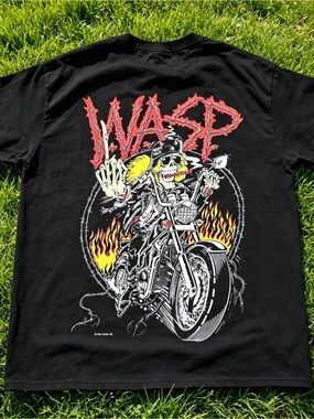 WASP Skull and Motorcycle Flame Pattern Black Unisex T-Shirt.